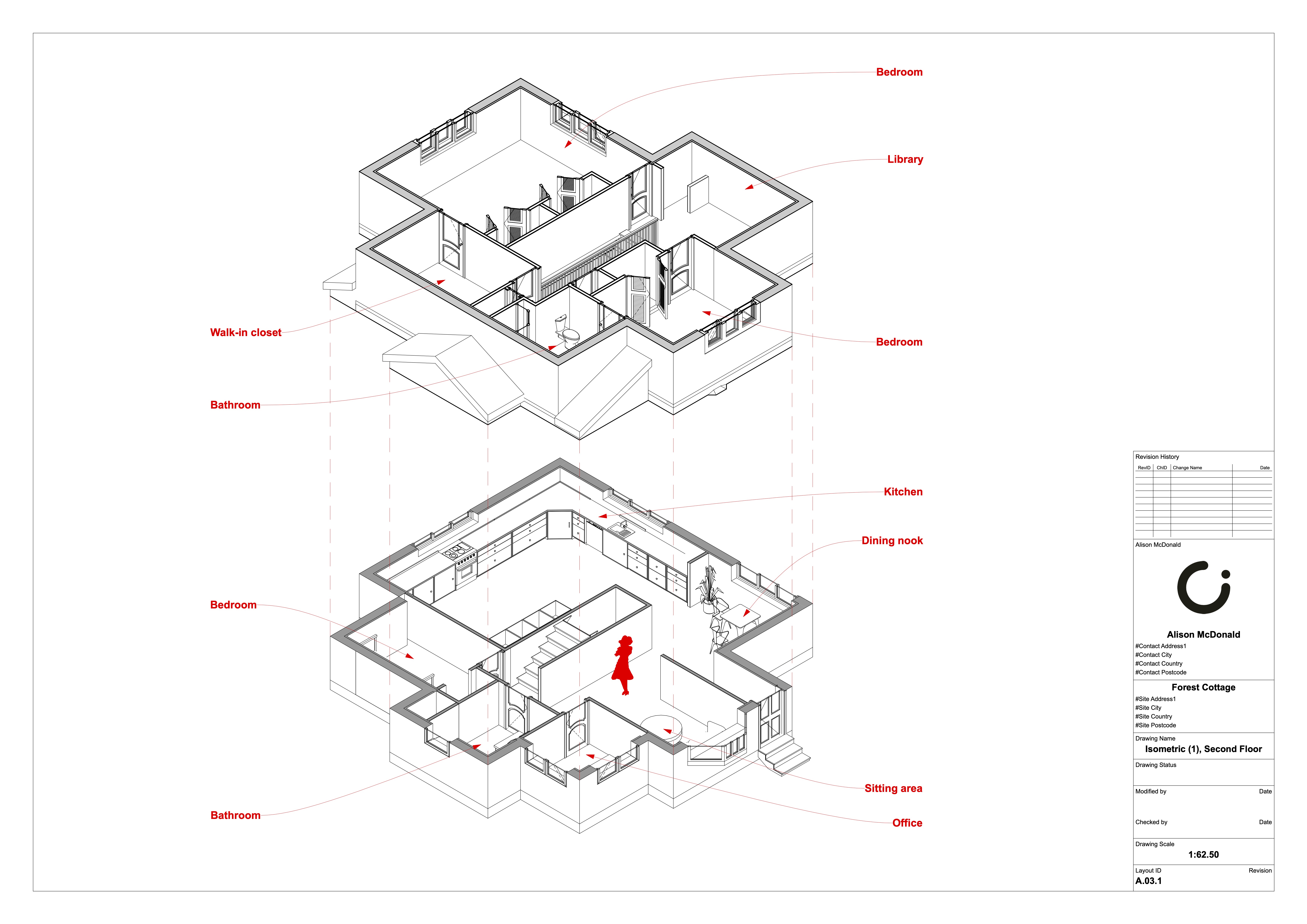 An isometric view of a two-storey cottage illustrated in black and red pen.