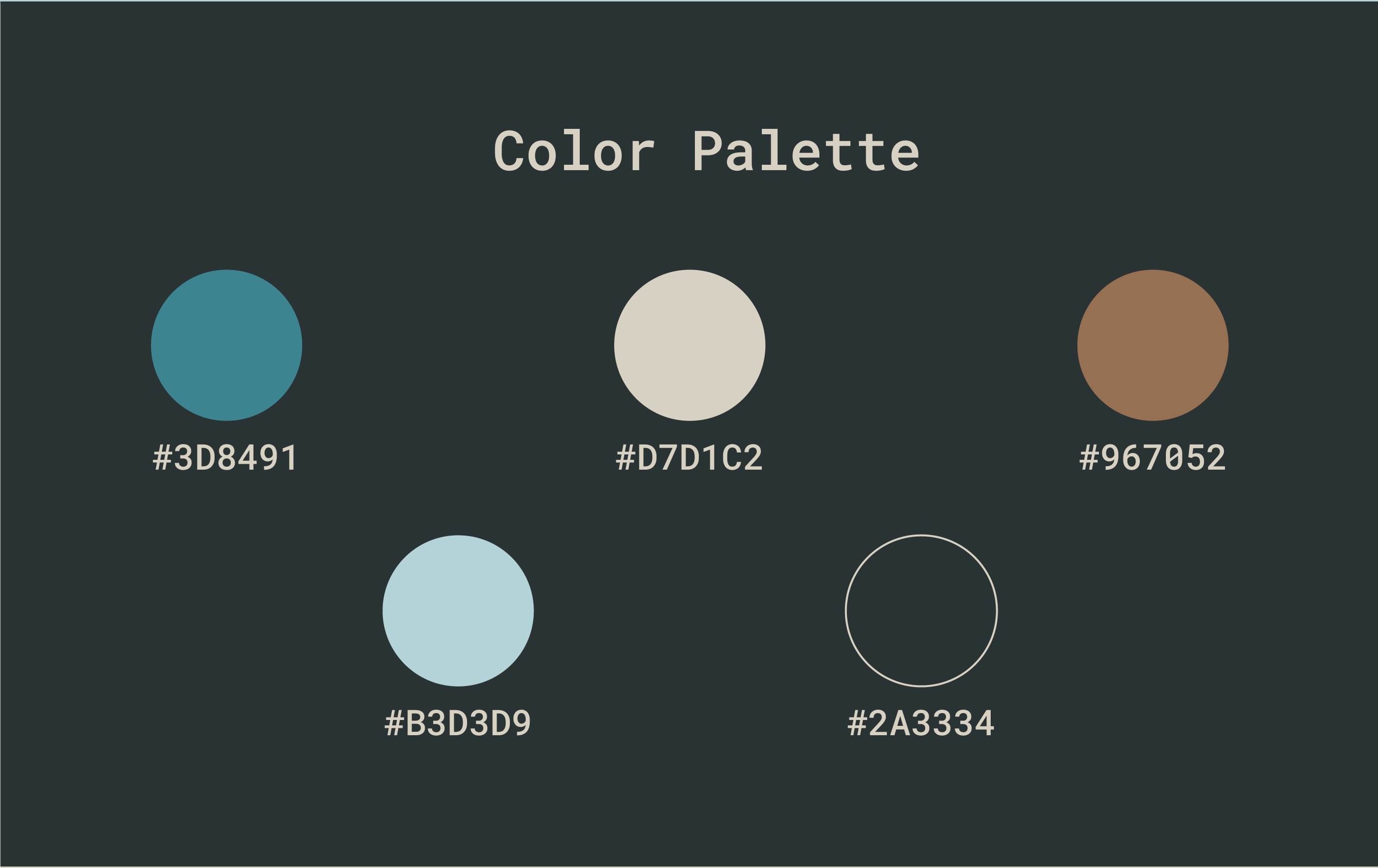 The brand color palette (two blues, one brown, one dark green, and one off-white) displayed in circles