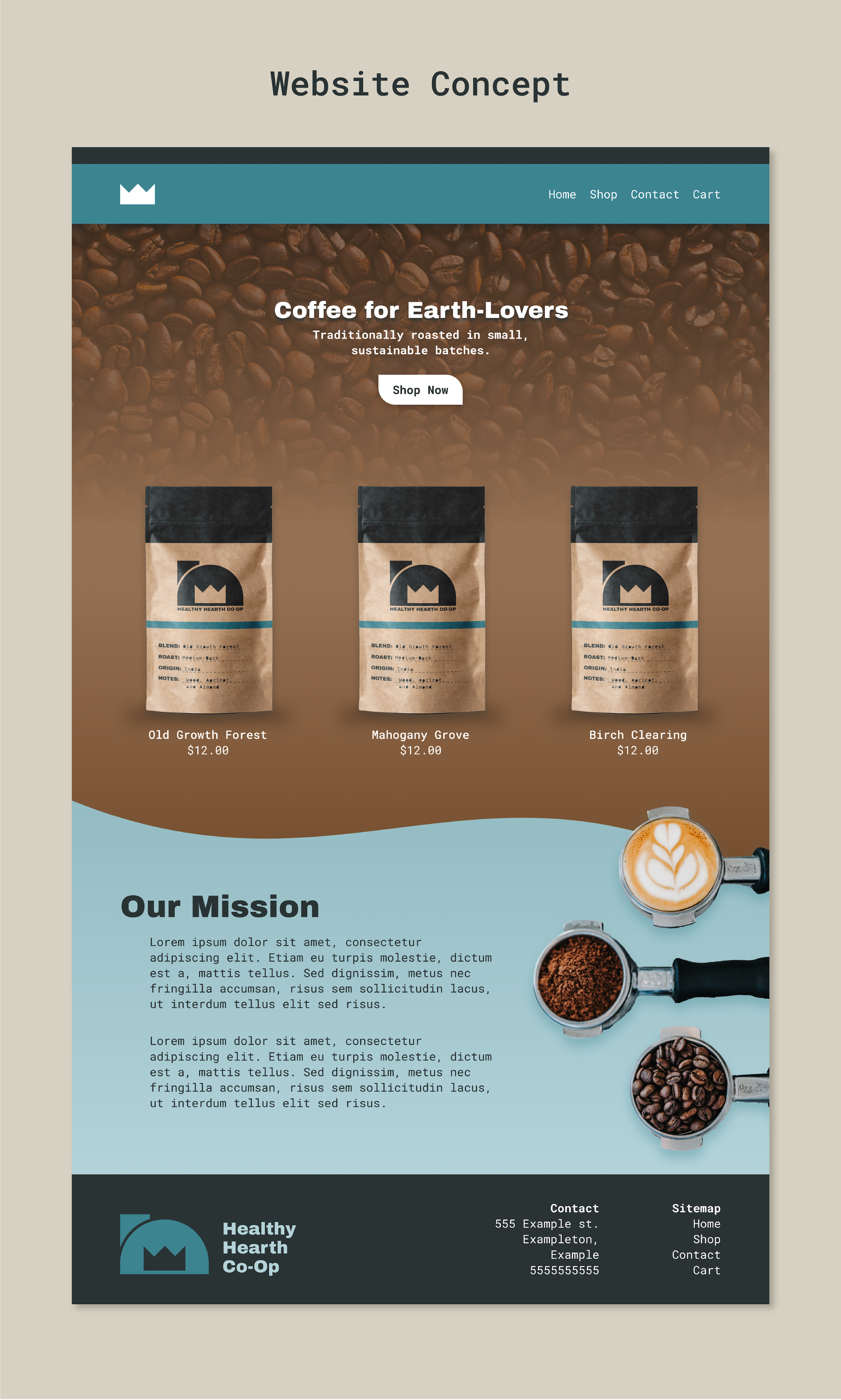 A website mockup with a blue and brown color scheme, featuring three packages of coffee beans on the main page.