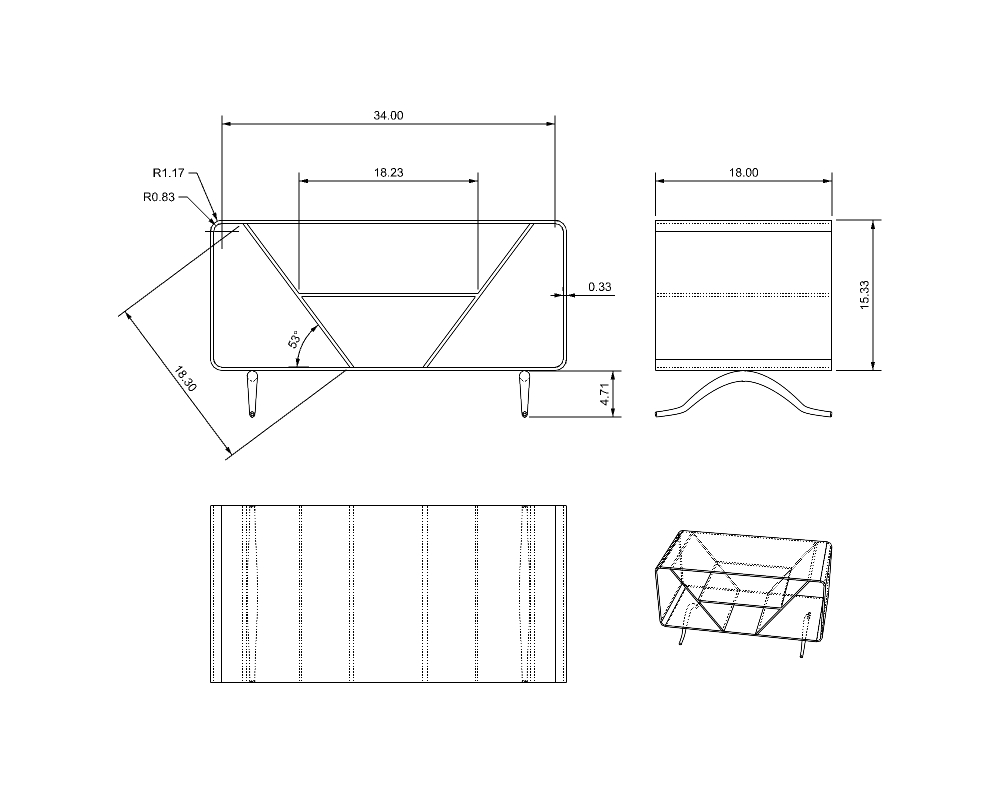 A blueprint for a wooden record shelf drawn in black and white.