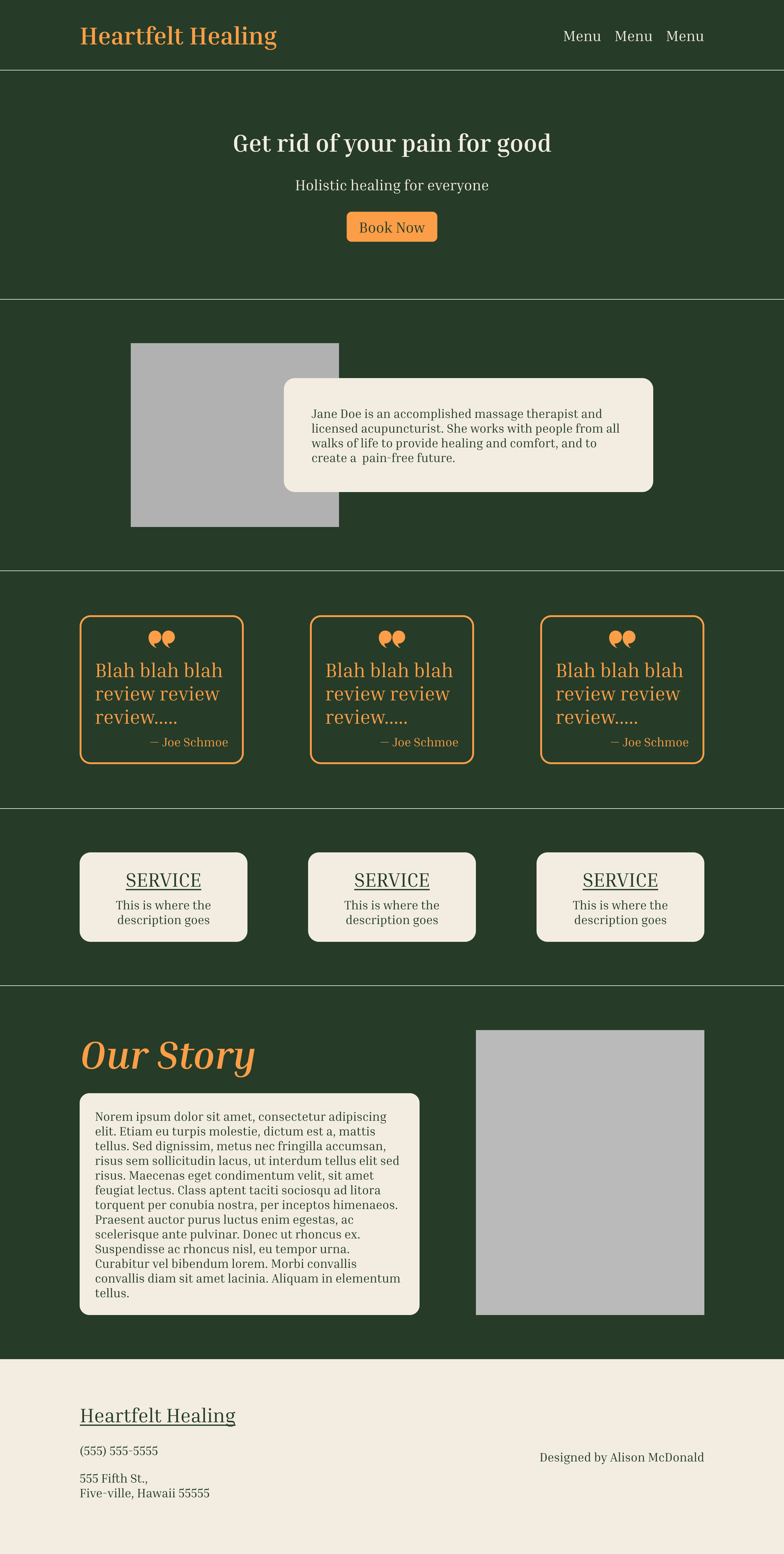 A mockup of a website in shades of green, with highlights of orange.